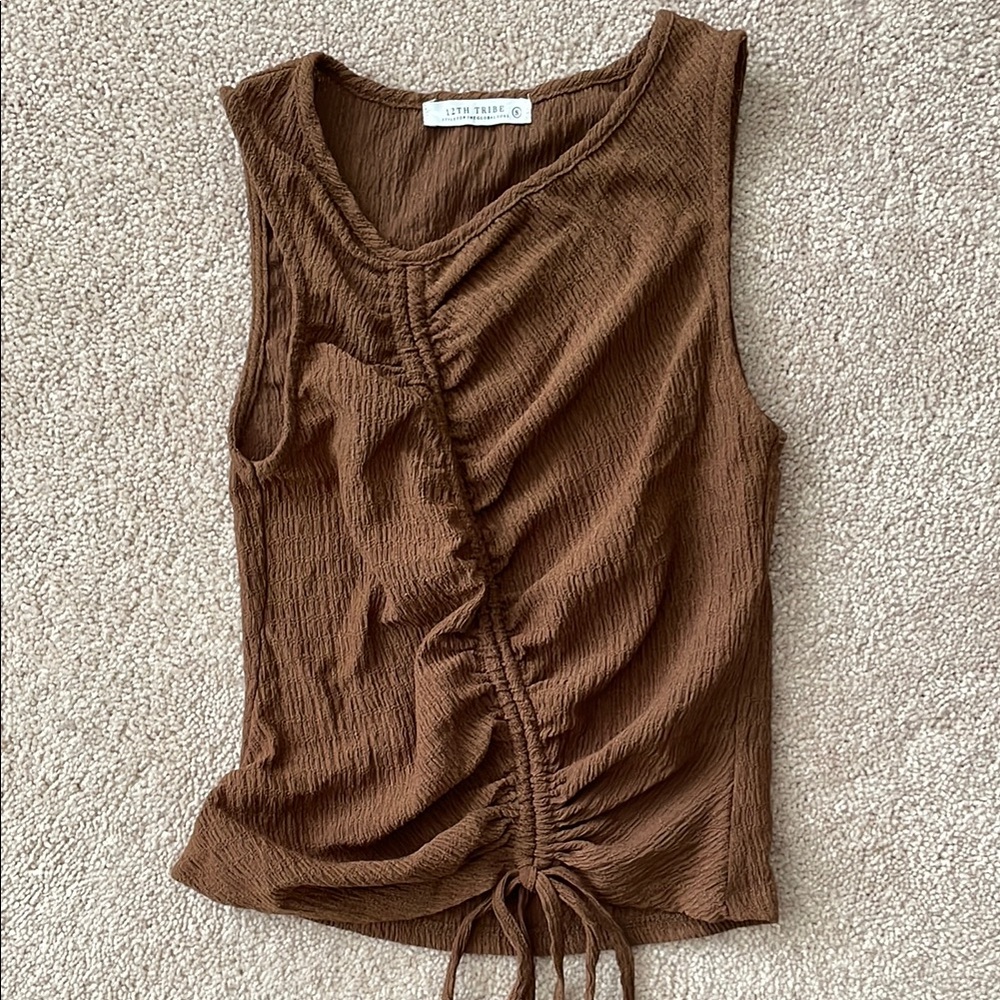 12th Tribe Brown Ruched Ribbed Tie Front Tank